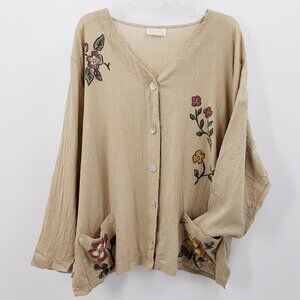 Romans Gauzy Lightweight Jacket Women's 2X Tan Floral Detail Pockets Lagenlook